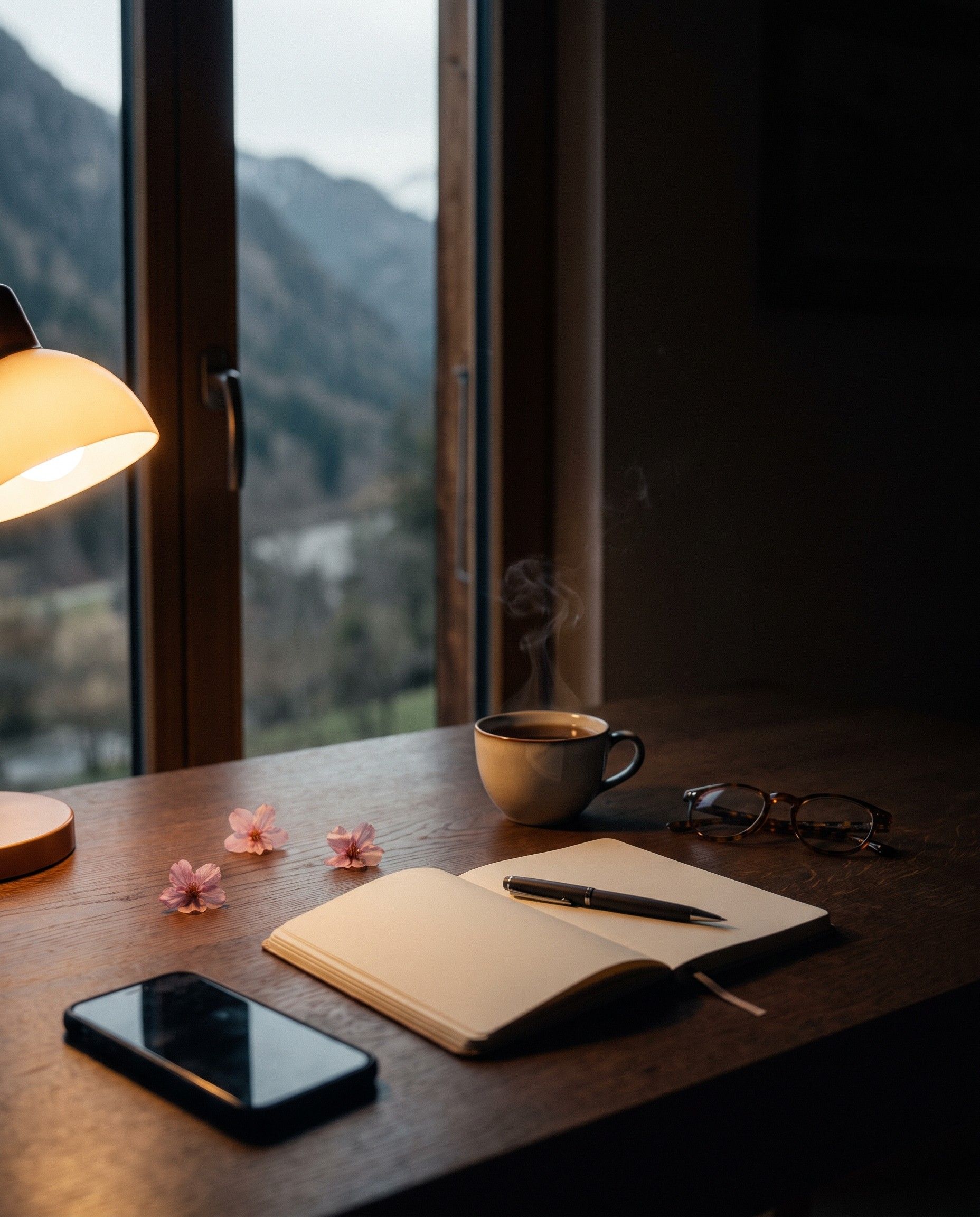 A phone, open notebook and cup of tea on a desk by a window at dusk, with fallen cherry-blossom petals
