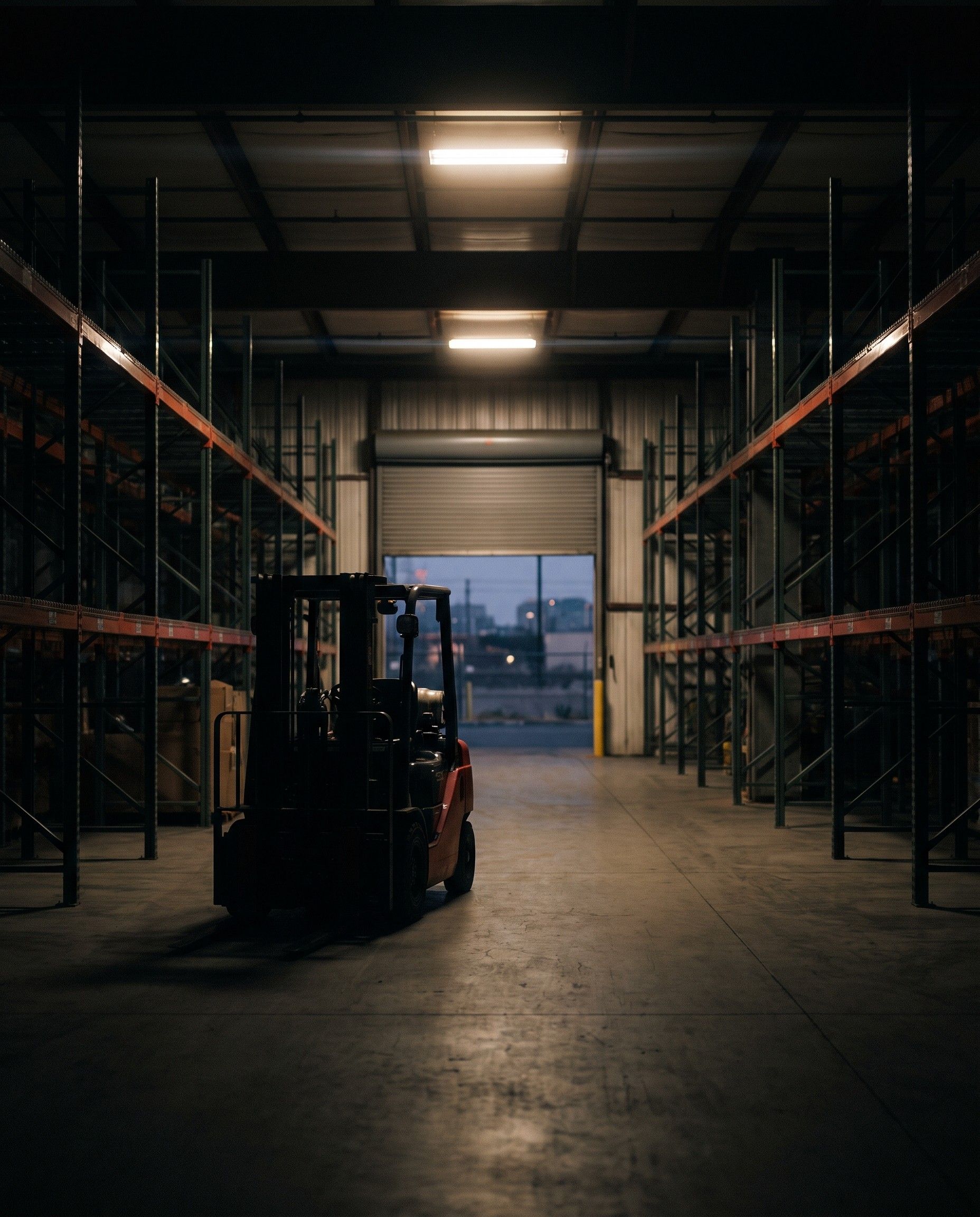 A warehouse aisle at dusk with a parked forklift