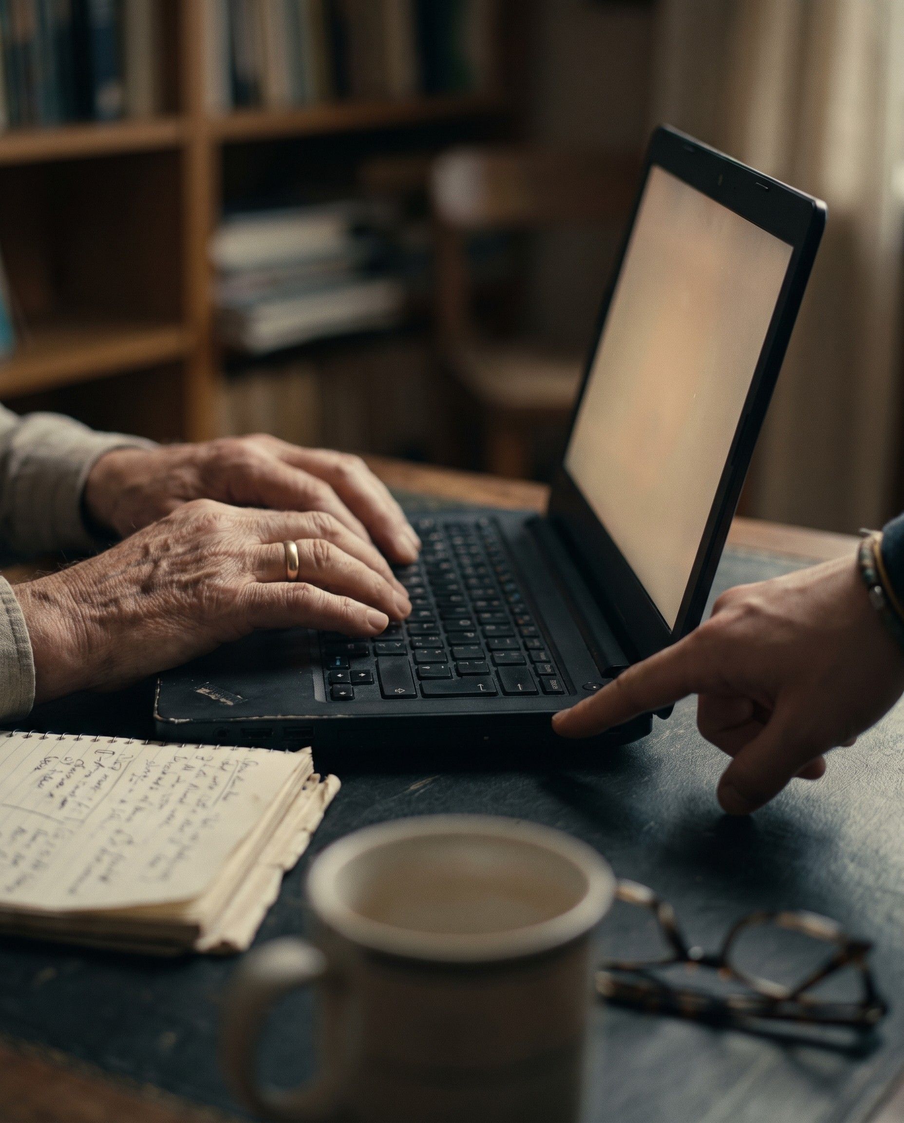 Two pairs of hands at a laptop, one pointing at the screen