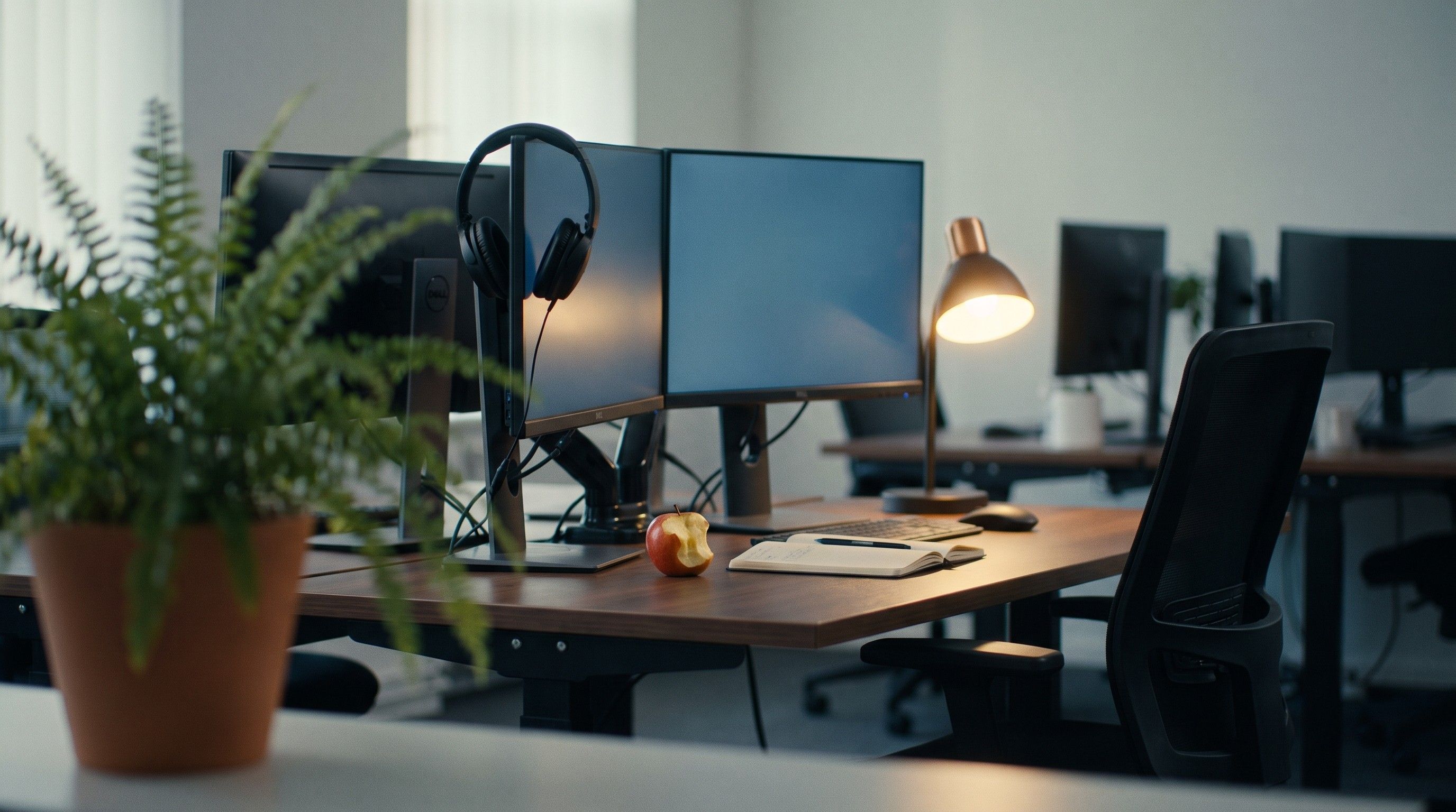 An empty desk at night lit by two dim monitors and a lamp