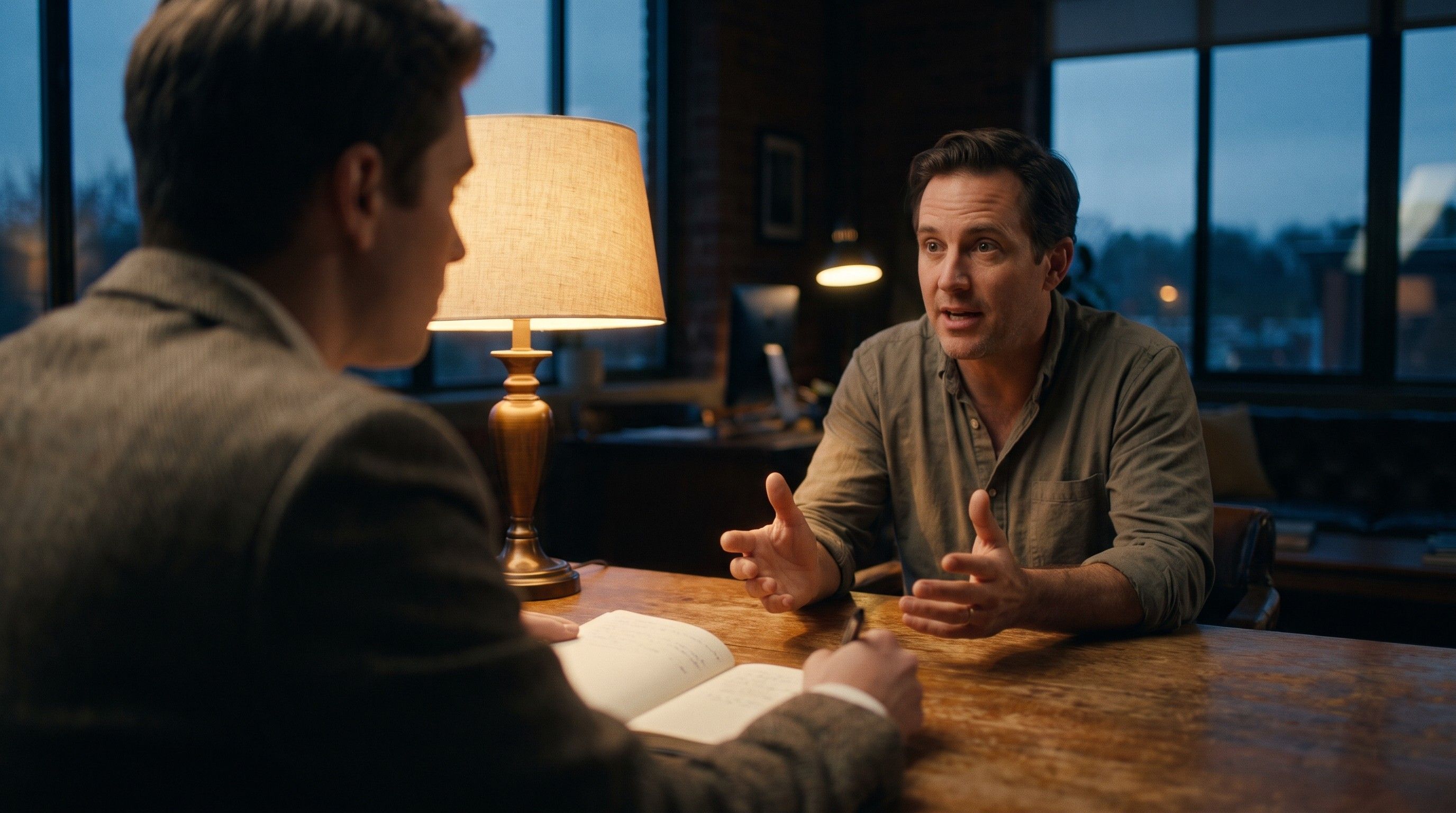A founder explaining his business across a lamp-lit desk