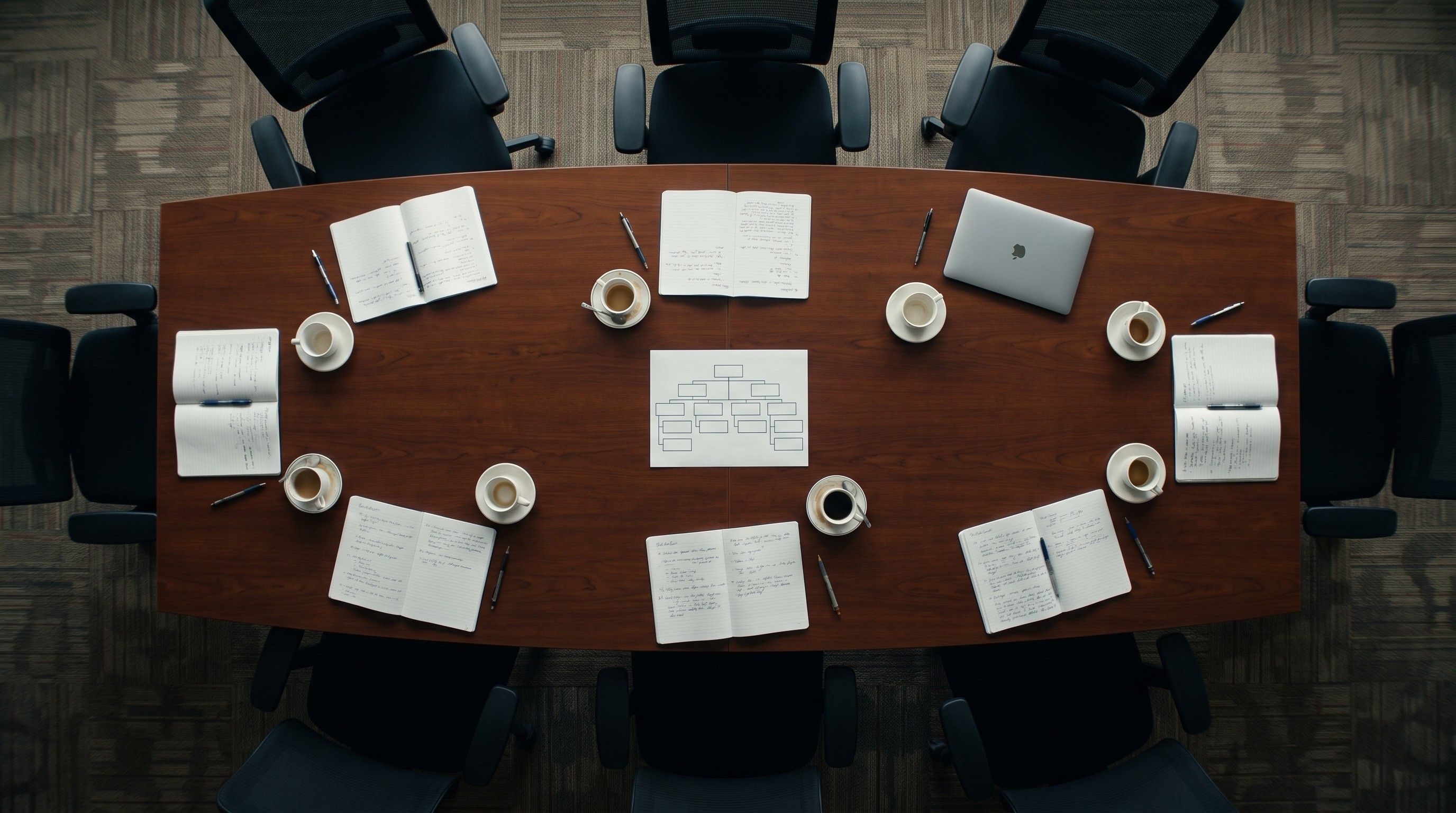 An empty conference table seen from above with eight open notebooks
