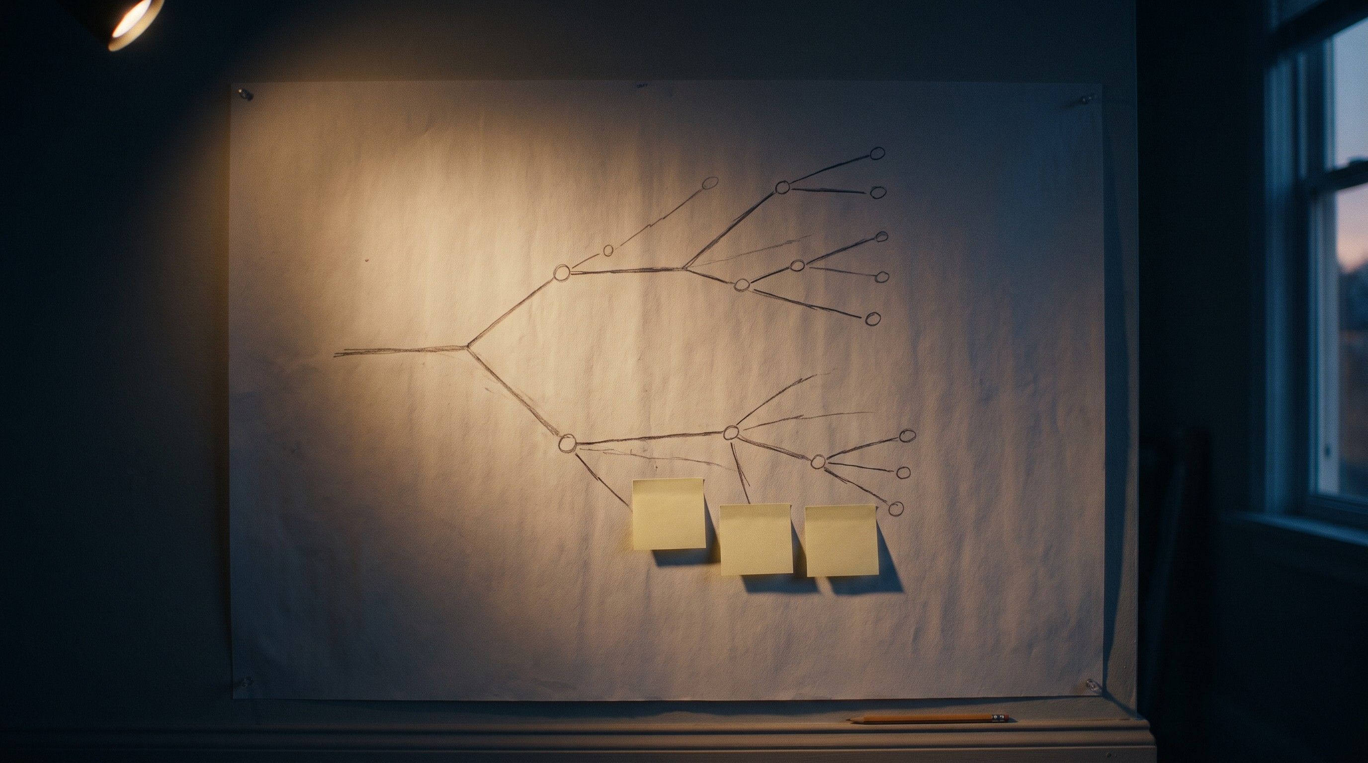 A hand-drawn tree diagram pinned to a wall in a spotlight
