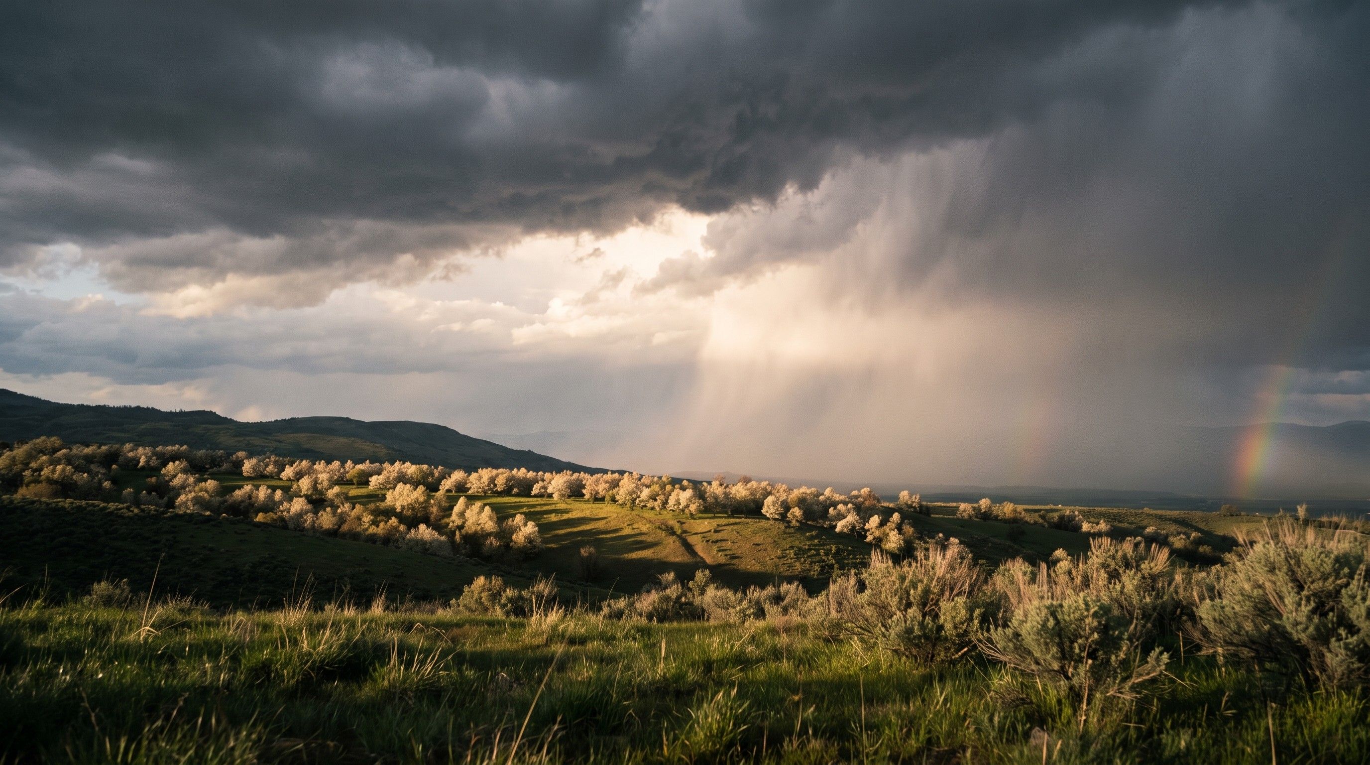 A shaft of sunlight breaking through storm clouds over a green valley