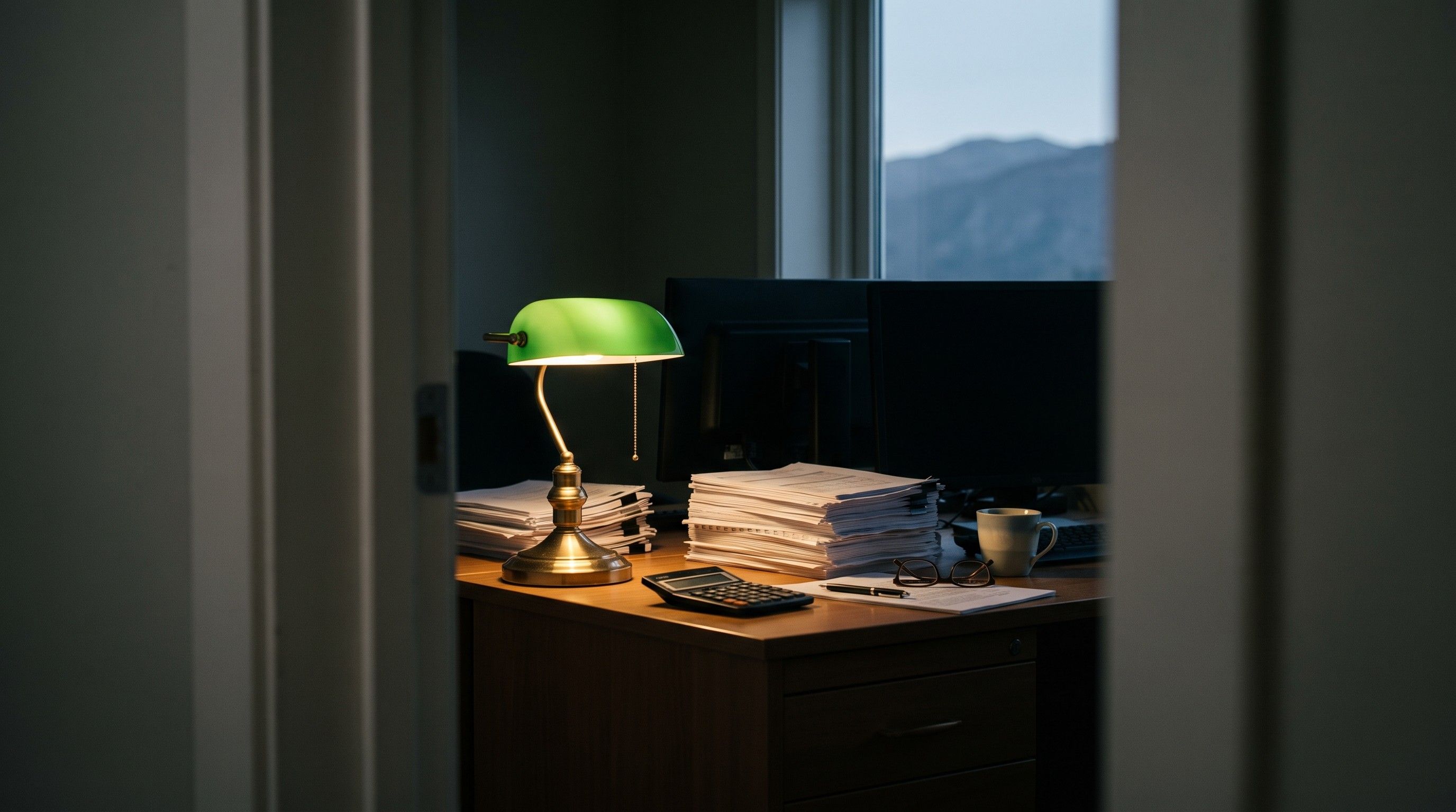 A green banker’s lamp over stacks of printed reports before dawn