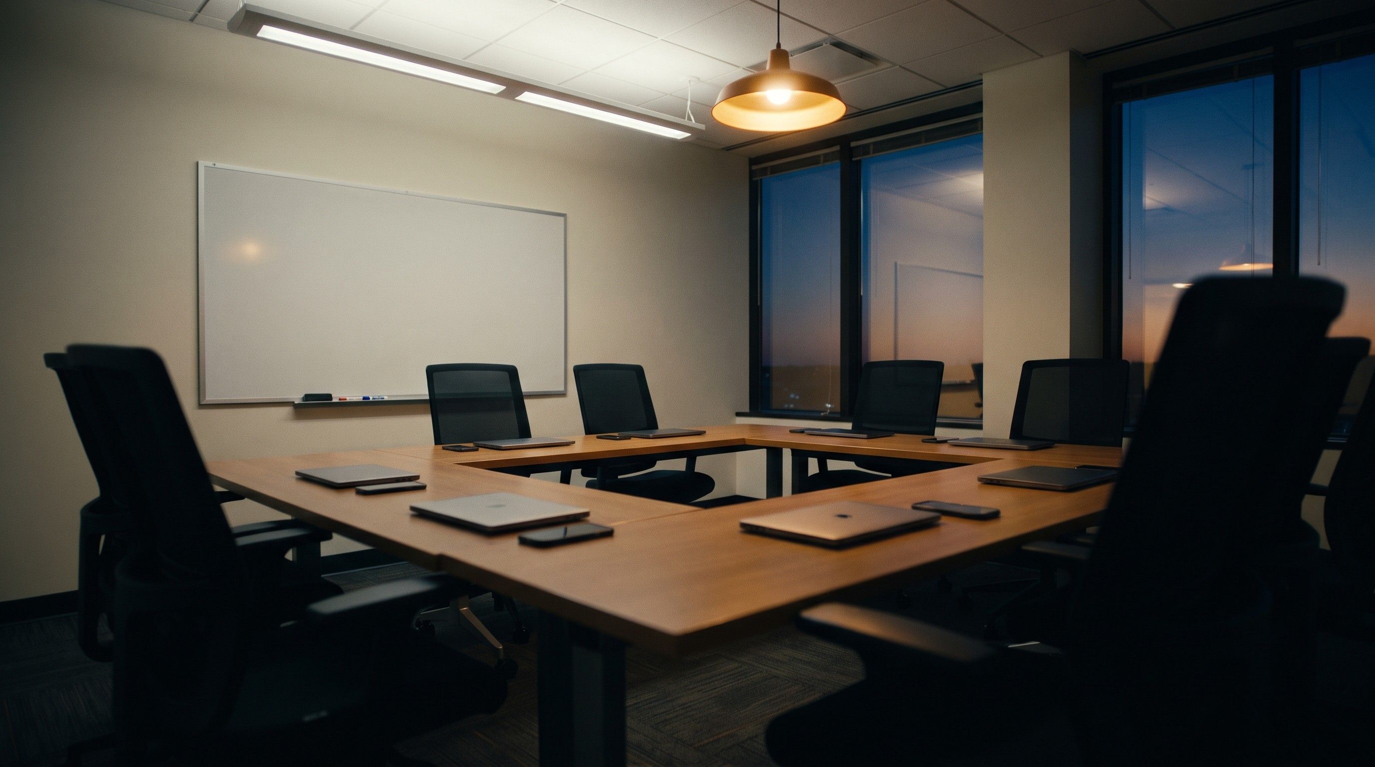 An empty training room after hours with one pendant lit