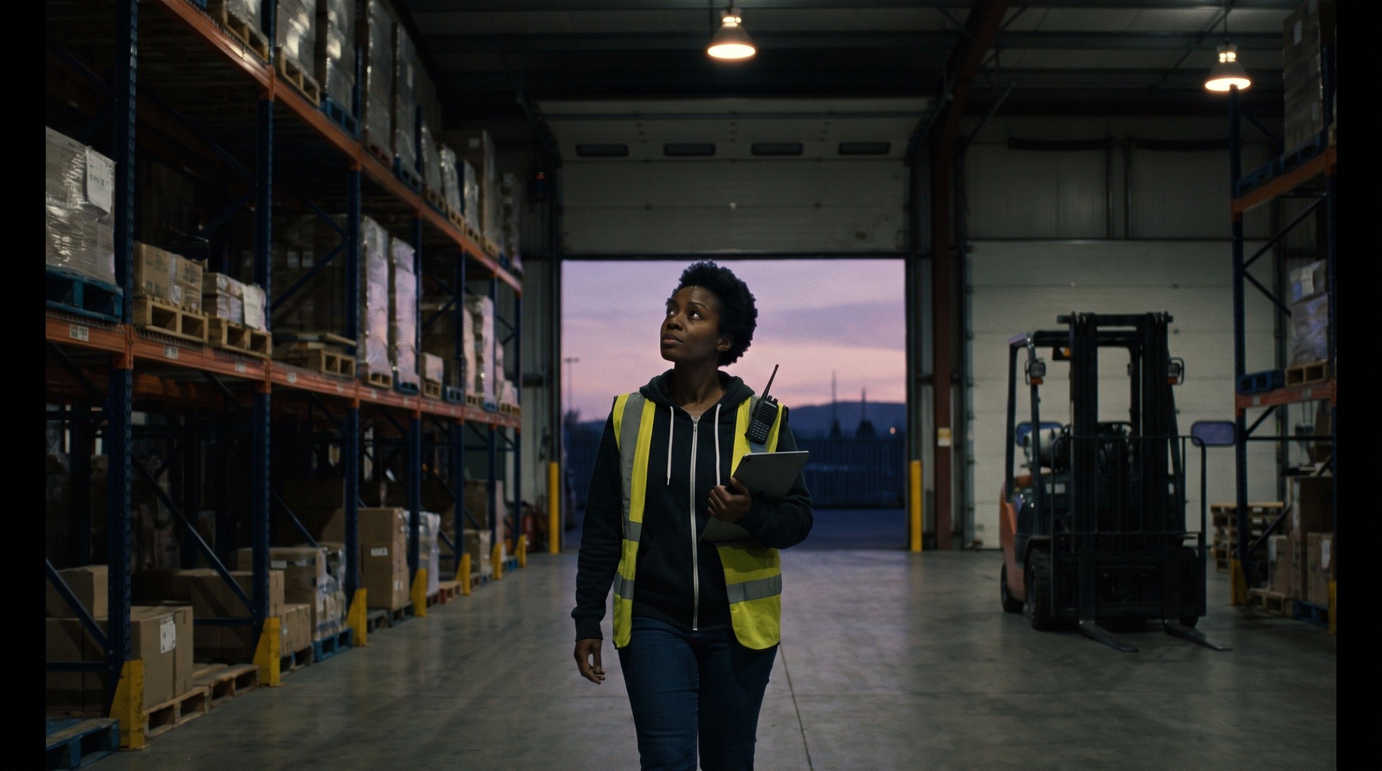 A warehouse at dusk with its roll-up door open to the sky